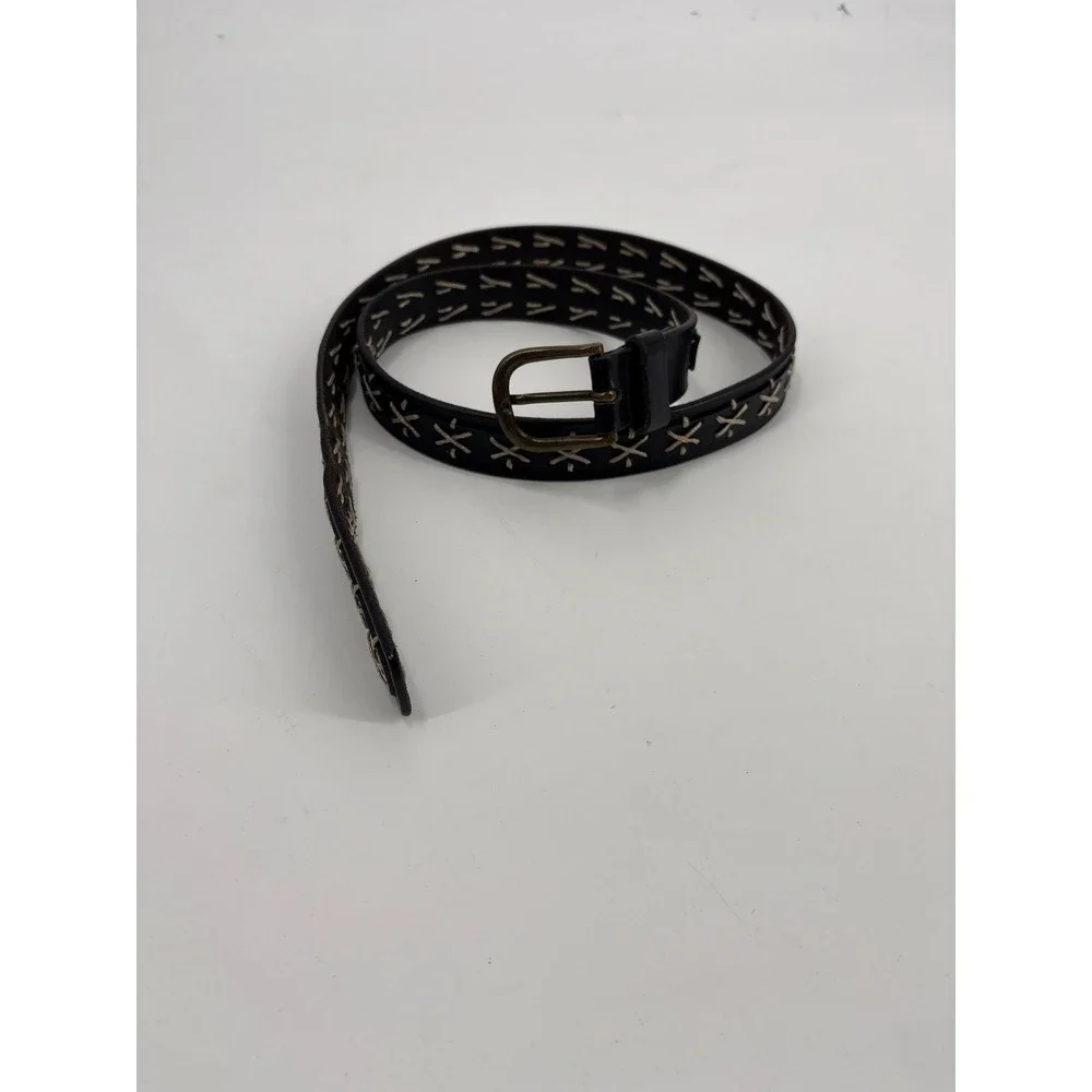 Basco Black Leather Whipstitch Belt Brass Buckle Western Boho Mens Womens